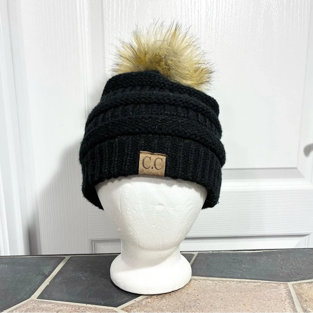 C.C. Faux Fur Pom Black Knit Beanie Hat OS